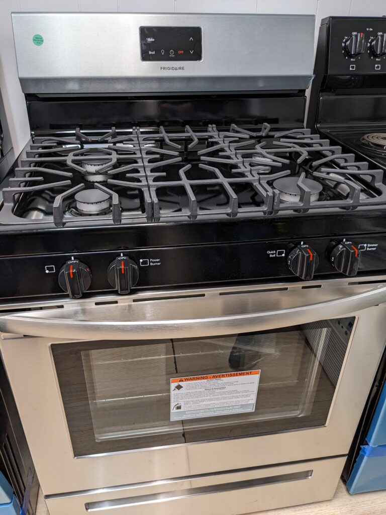 (9) Frigidaire 30″ Gas Range, Window & Clock, Stainless Steel w/ SS Towel Bar