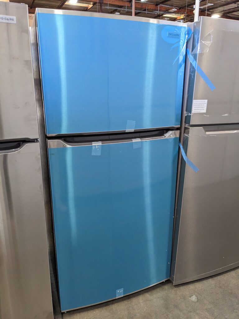 (9) Frigidaire 18.2 CuFt Top-Mount Refrigerator with Glass Shelves, Stainless Steel